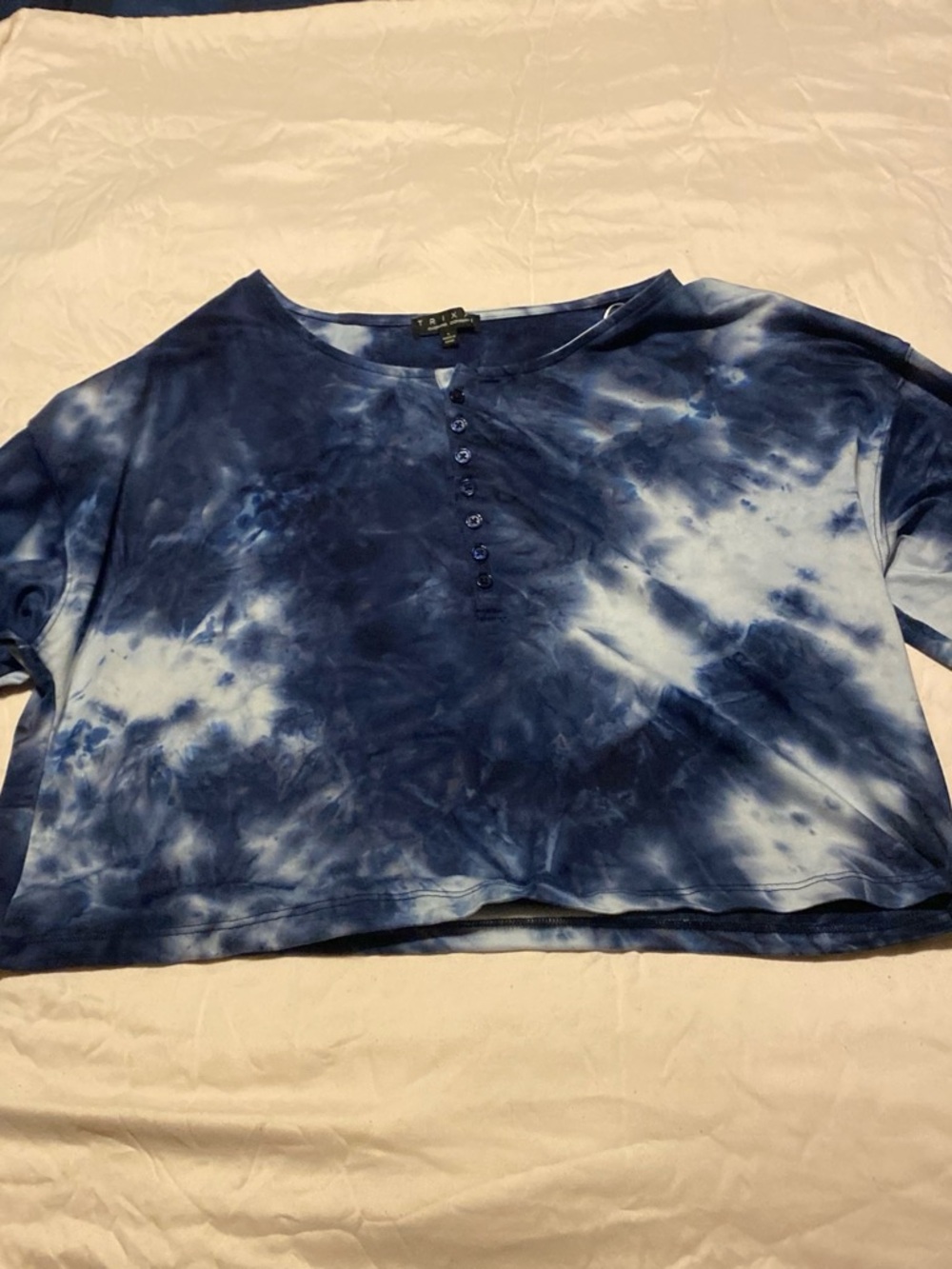 Trixxi Blue and White Tie-Dye Crop Henley